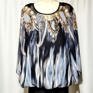 Quintessential Paisley and Floral Bell Sleeve Top (1X)